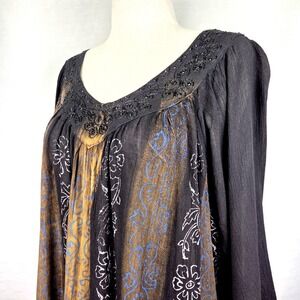 Boho Embroidered Black Tunic Top One Size Peasant Folk Festival Flowy Gypsy